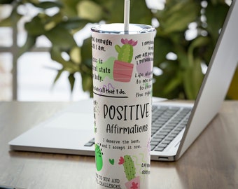 Daily Affirmations Tumbler with Straw Insulated Cup 20oz Mental Health Gift for Her Best Friend Positivity Travel Mug Cactus Succulent Gift