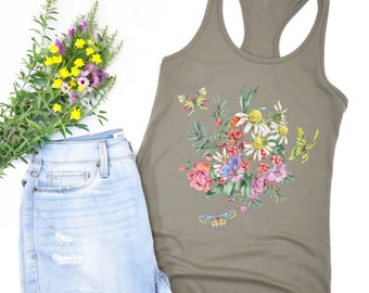 Wildflower Tank Top Summer Graphic Tees Flower Tanks Botanical Tee Wild Flower Nature Butterflies Top Flora lAesthetic Gift For Her Flowers