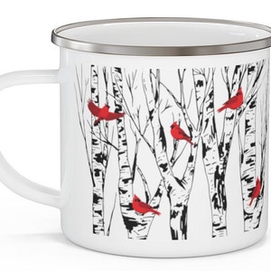 Cardinal Enamel Coffee Mug Birch Tree Cardinals Lover Gift Campfire Bird Watcher Gifts Bird Lover Gift Birds Lodge Home Decor Camping Decor image 4