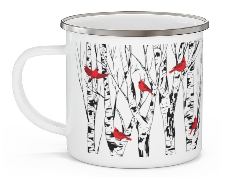 Cardinal Enamel Coffee Mug Birch Tree Cardinals Lover Gift Campfire Bird Watcher Gifts Bird Lover Gift Birds Lodge Home Decor Camping Decor image 4