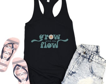 Grow with the Flow Tank Floral Bohemian Tshirts Boho Graphic Tees Retro Plant Lover Flower Cute Printed Tee Casual Aesthetic Peace Womens