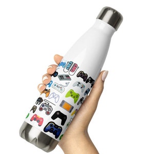 May include: A white stainless steel water bottle with a colorful design of various video game controllers and consoles.