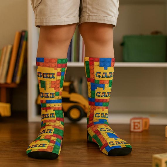 Colorful Building Block Pattern Socks 3.5 kids to 12 Mens One Size Fits Most