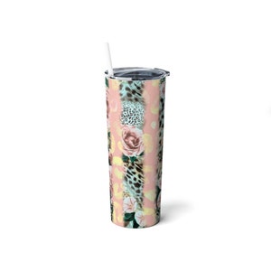 Personalized Rose Leopard Tumbler With Straw Floral Botanical image 7