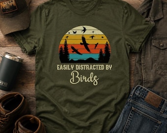 Easily Distracted by Birds T-Shirt: Retro Bird Watching Tee