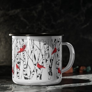 Cardinal Birch Tree Enamel Coffee Mug Campfire Mug Home Decor Bird Lover Gift Camping Style Mugs 12 Ounce Cup Red Birds Unique Gifts image 6