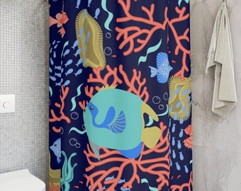 Ocean Life Fish Shower Curtain Bathroom Decor Cute Bath Curtains Nautical Sealife Restroom Colorful Beach Sea Theme Coral Reef Decorative