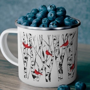 Cardinal Enamel Coffee Mug Birch Tree Cardinals Lover Gift Campfire Bird Watcher Gifts Bird Lover Gift Birds Lodge Home Decor Camping Decor image 1