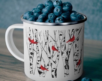 Cardinal Enamel Coffee Mug Birch Tree Cardinals Lover Gift Campfire Bird Watcher Gifts Bird Lover Gift Birds Lodge Home Decor Camping Decor