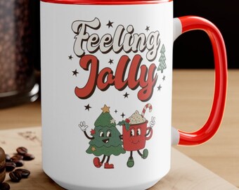 Retro Christmas Coffee Mug Feeling Jolly Mug Home Decor Vintage Graphic 15 oz Red Ceramic Mug Gift Holiday Kitchen Cup Christmas Decorations