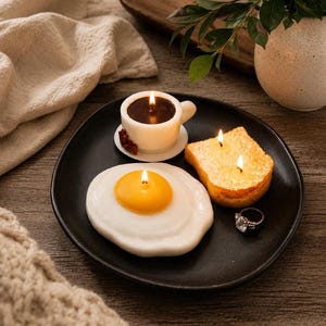 Handmade Breakfast Candles: Fried Egg, Toast & Coffee Cup - Gag Gift Decor