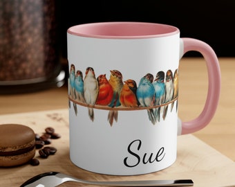 Personalized Bird Lovers Coffee Mug Bird Watcher Mugs Birding Birds on a Wire Custom Name Mug Birthday Gift Kitchen Home Decor Nature Decor