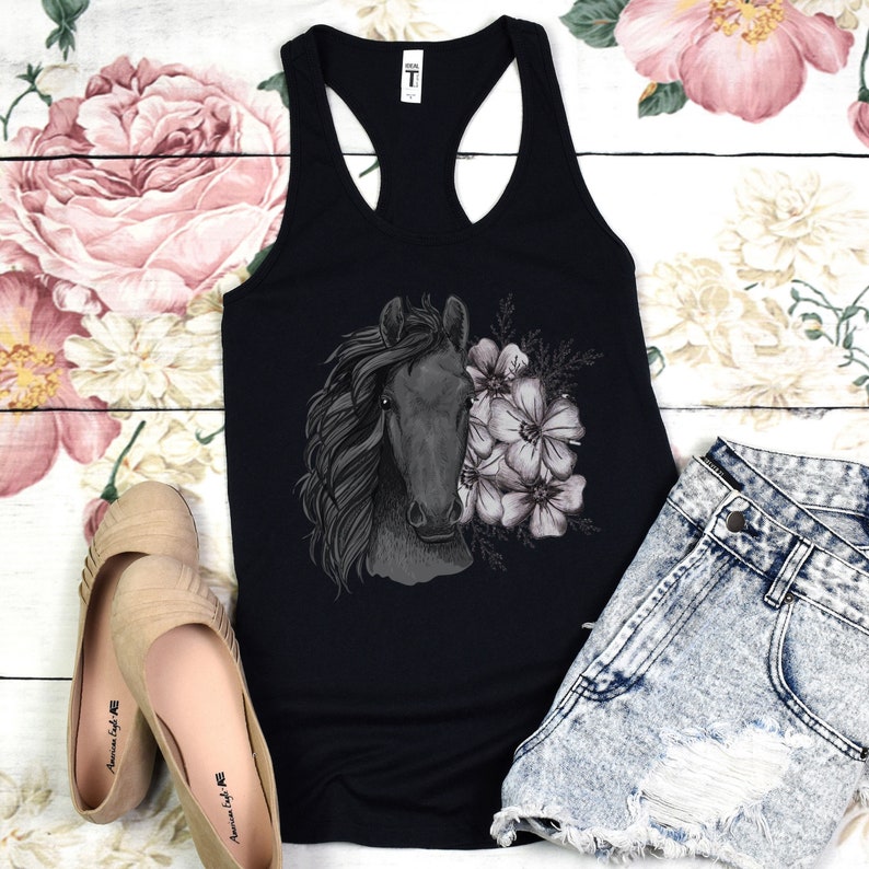 Sketched Floral Horse Tank Top Womens Racerback Tanks Equestrian Farm Animal Summer Shirts Trainer Rider Riding Gifts for Her Cute Clothing image 4