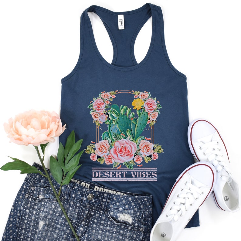 Boho Tank Top Womens Floral Desert Cactus Tanks Hiking Shirt Outdoors Shirts Bohemian Western Pink Summer Tops for Women Arizona Desert Vibe Solid Indigo