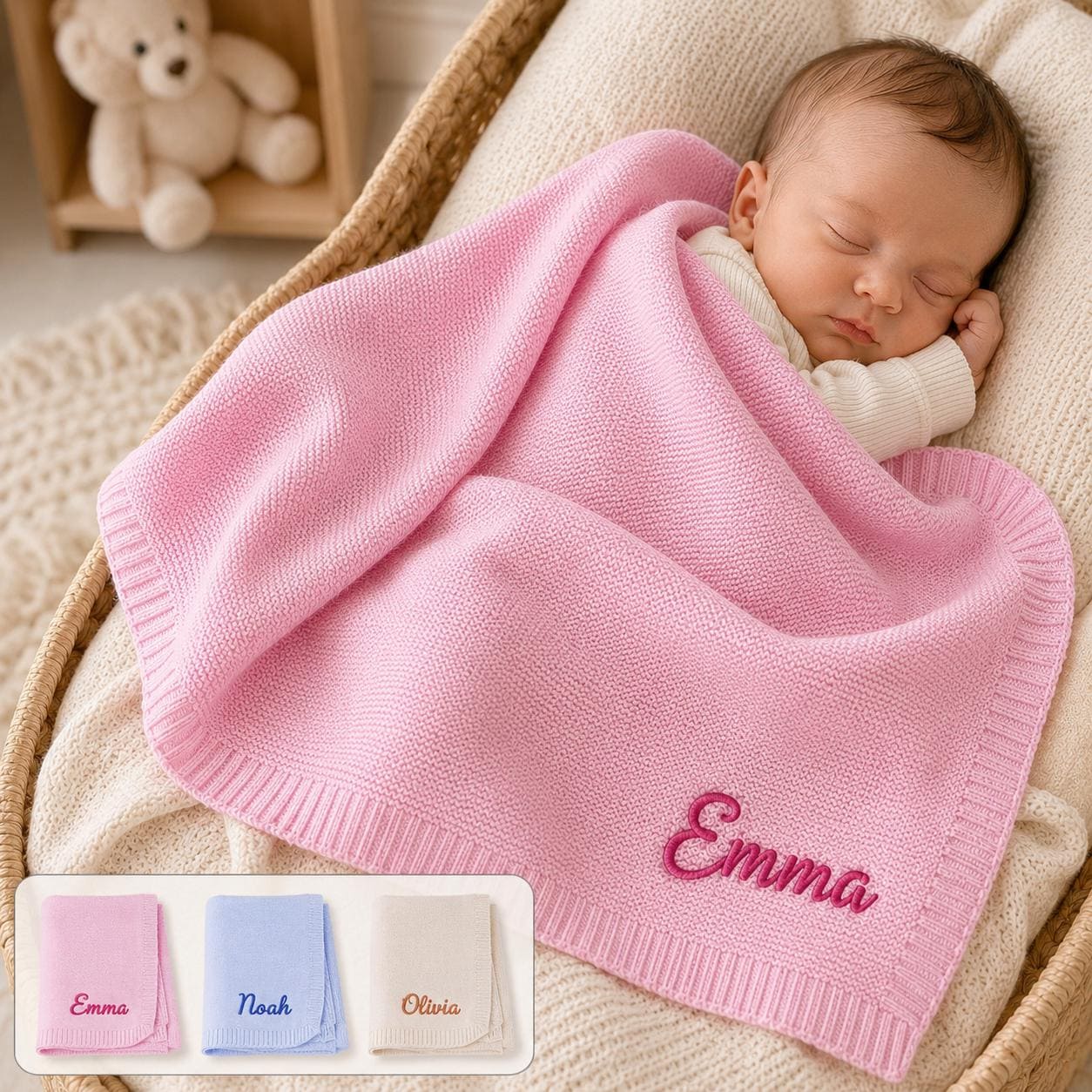 Personalized Knit Cotton Baby Blanket, Custom Name Embroidery Keepsake