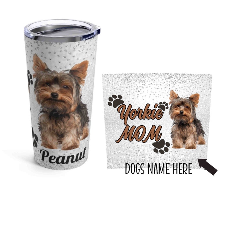 Personalized Yorkie Mom Tumbler 20oz Insulated Travel Coffee Mug Dog Lover Gift Yorkshire Terrier Mama Gift to Her Skinny Tumbler image 1