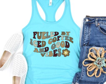 Summer Tanks Iced Coffee Good Vibes Womens Tank Tops Graphic Tee Gift for Her Beach Tees Pool Top Coffee Tank Top Cute Retro Shirts Trendy