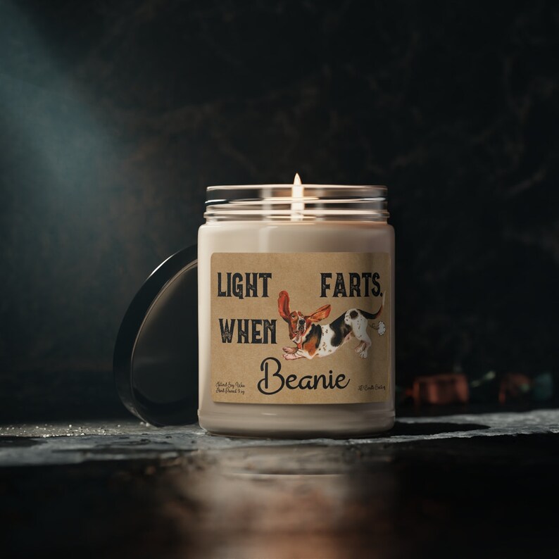 Basset Hound Candle Personalized Gift Light When Name Farts Basset Mom Dad Gift Funny Gift for Dog Lover Deodorant Odor Eliminator Stocking image 6