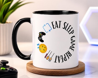 Gamer Mug: Eat Sleep Game Repeat, Ceramic Coffee Tea Cup for Gamers