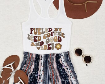 Coffee Tank Top Iced Coffee Good Vibes Summer Tanks Retro Shirts Trendy Womens Tank Tops Graphic Tee Gift for Her Beach Tees Pool Top