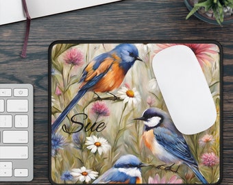 Personalized Mouse Pad Bird Lover Gift Wildflowers & Birds Custom Name Gift Computer Mouse Pads Gift for Bird Lover Artwork Bird Art