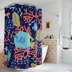 Ocean Life Fish Shower Curtain Bathroom Decor Cute Bath Curtains Nautical Sealife Restroom Colorful Beach Sea Theme Coral Reef Decorative image 2