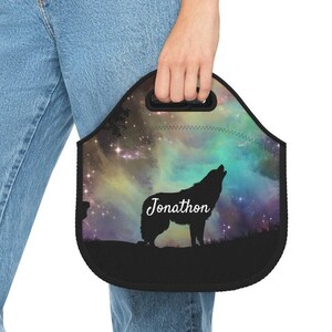 Personalized Wolf Neoprene Lunch Bag Boys School Supplies Boys Reusable Lunch Bag Gift for Him Wolf Lover Gift Name Gifts Nature 12" × 12''