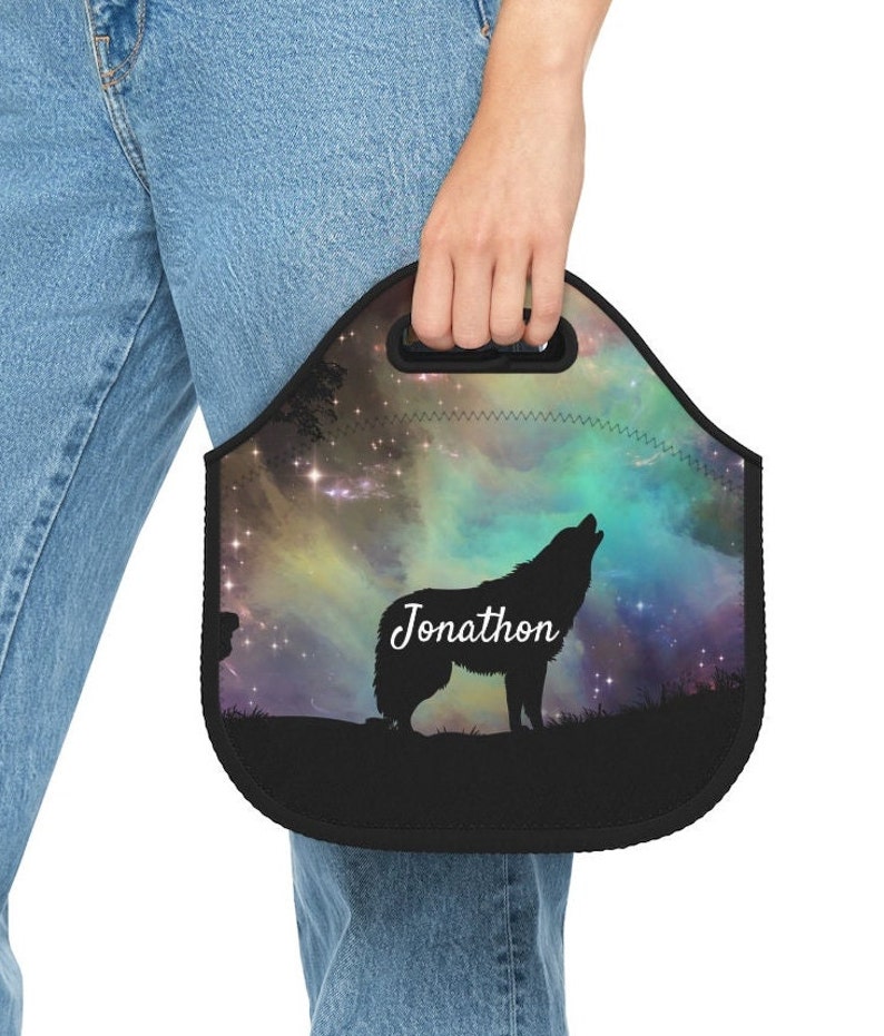 Personalized Wolf Neoprene Lunch Bag Boys School Supplies Boys Reusable Lunch Bag Gift for Him Wolf Lover Gift Name Gifts Nature 12" × 12''