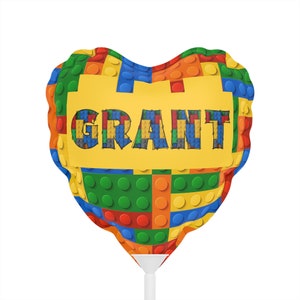 Personalized Building Block Balloons 6" Boys Birthday Celebration Custom Name Gift Round and Heart-shaped Kids Blocks Builder Gift Table Top