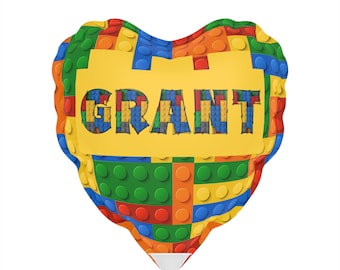 Personalized Building Block Balloons 6" Boys Birthday Celebration Custom Name Gift Round and Heart-shaped Kids Blocks Builder Gift Table Top