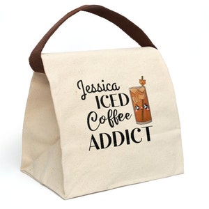 Custom Iced Coffee Addict Canvas Lunch Bag Fall Reusable Bags Eco Friendly Cotton Coffee lover Gift Picnic Tote School Supplies Work Totes image 1
