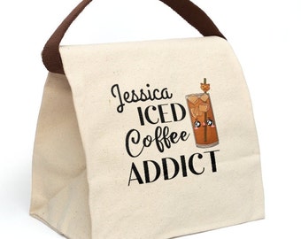 Custom Iced Coffee Addict Canvas Lunch Bag Fall Reusable Bags Eco Friendly Cotton Coffee lover Gift Picnic Tote School Supplies Work Totes