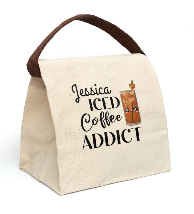 Custom Iced Coffee Addict Canvas Lunch Bag Fall Reusable Bags Eco Friendly Cotton Coffee lover Gift Picnic Tote School Supplies Work Totes image 1