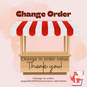May include: A digital illustration of a wooden stall with a red and white striped awning. The text "Change Order" is at the top. The stall has the text "Change in order value" and "Thank you!" on the front.