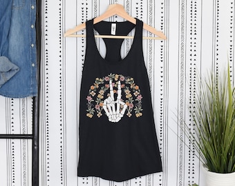 Tanques de flores silvestres Esqueleto Mano Retro Botánico Moda Vintage Estética Gráfico Naturaleza Tanques Rocker Dedos Huesos Verano Tank Top Mujer