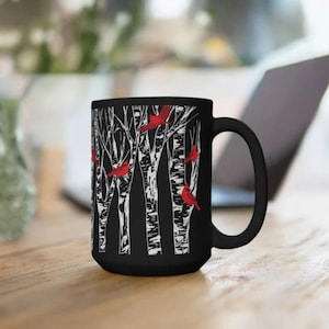 Cardinals on Birch Tree Coffee Mug Cardinal Lover Gift Red Bird Watcher Lodge Cabin Home Decor Decorative Ceramic 11 oz 15 oz Nature Lover image 3