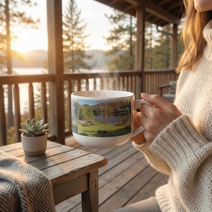 May include: A white ceramic mug featuring a printed landscape scene of a lake, trees, and a building with the text The Lodge. The mug has a wide, rounded bowl shape with a side handle and is shown emitting steam from the top opening.