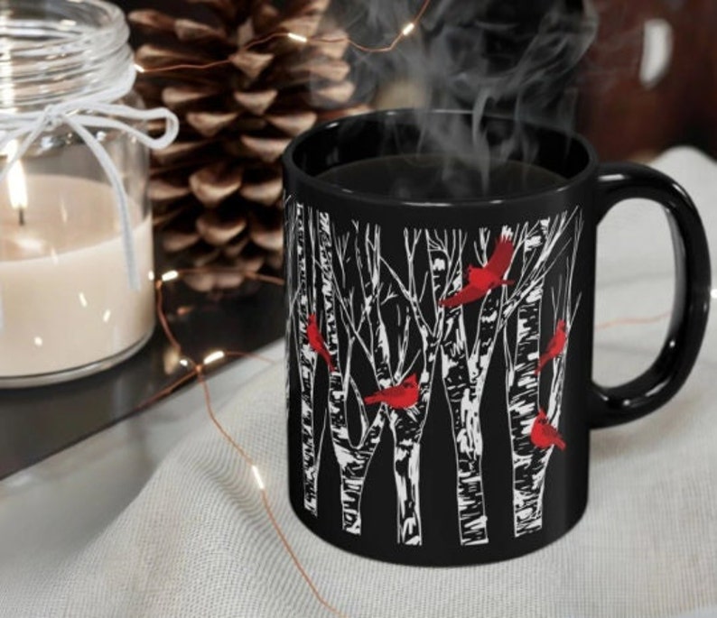 Cardinals on Birch Tree Coffee Mug Cardinal Lover Gift Red Bird Watcher Lodge Cabin Home Decor Decorative Ceramic 11 oz 15 oz Nature Lover image 5