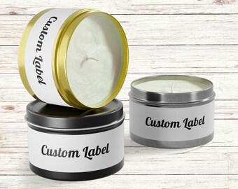 Custom Label Tin Candles Any Text or Image Personalized Candle Gift 4 or 8 oz Aromatherapy Wedding Favors Bridesmaid Gift Spa Candles