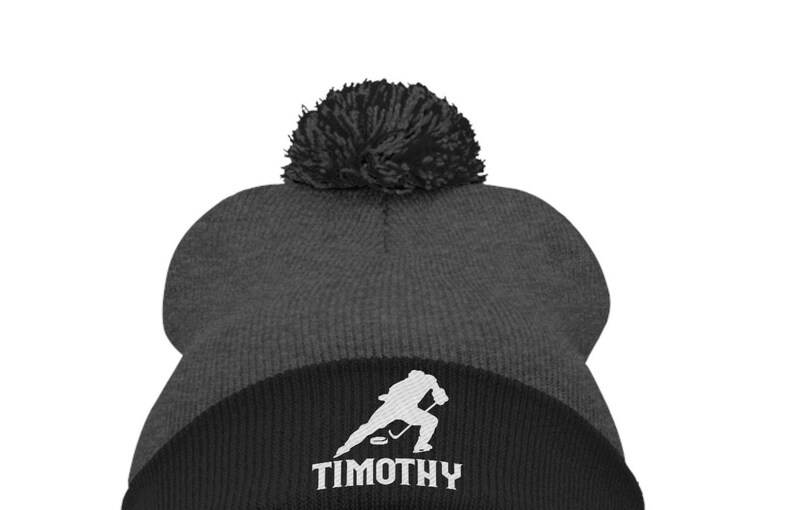 Personalized Name Hockey Pom Pom Beanie Winter Hat Kids Boys Gifts Embroidered Hockey Lover Birthday Gift for Him Custom Name Gift image 5