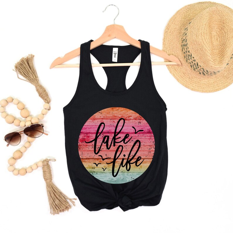 Lake Life Tank Tops Boat Tank Summer Tanks Cute Vacation Girl Trip Racerback Tee Womens Top Retro Sun Beach Shirts Boating Tee Cruise Gifts Solid Black