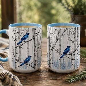 May include: Two ceramic mugs with a light blue interior and handle, featuring a wrap-around illustration of white birch trees and blue jays perched on branches. The design includes a forest background with soft blue tones and vertical tree trunks.