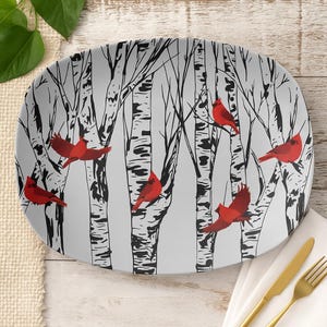 Cardinal Serving Platter: Birch Tree Design, Bird Lover Gift
