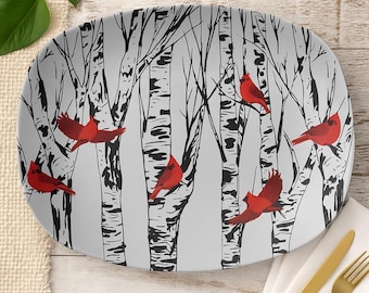 Cardinal Serving Platter: Birch Tree Design, Bird Lover Gift