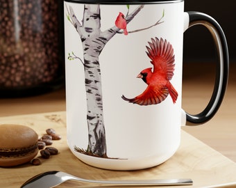 Cardinals Flying Mug Birch Cardinal Lover Gift Cardinal Black Mug Bird Mug Bird Watcher Gift Bird Lover Gift Cardinal Coffee Mug Lodge Mug