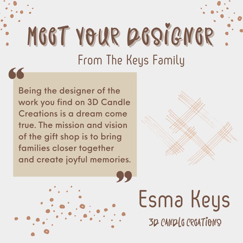 May include: A light beige graphic with brown text reading "Meet Your Designer" and "From The Keys Family". A beige box contains text about the designer. The name "Esma Keys" and "3D Candle Creations" are also displayed.