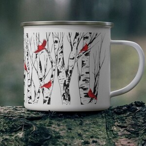 Cardinal Enamel Coffee Mug Birch Tree Cardinals Lover Gift Campfire Bird Watcher Gifts Bird Lover Gift Birds Lodge Home Decor Camping Decor image 2