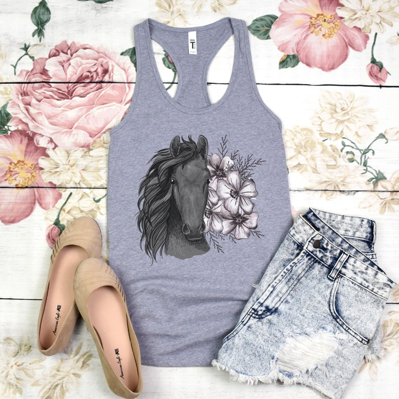 Sketched Floral Horse Tank Top Womens Racerback Tanks Equestrian Farm Animal Summer Shirts Trainer Rider Riding Gifts for Her Cute Clothing image 2