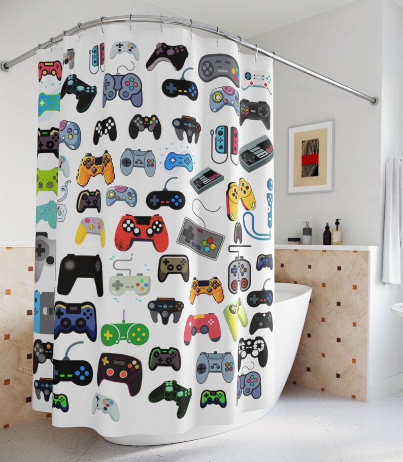 Video Game Shower Curtain Boys Bathroom Curtains Home Decor Bath Kids Teens Gaming Gifts Gift for Him Birthday Game Controller image 2