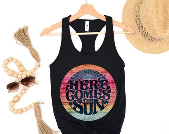 Camiseta sin mangas de verano para mujer Racerback Tanks Road Trip Beach Tee Retro Concert Festival Camisetas Vintage Graphic Sunrise Tanks Regalo para su pandilla de chicas